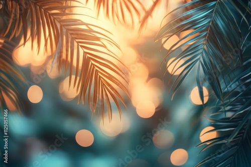 Blurred tropical beach background with palm trees and bokeh lights, Summer