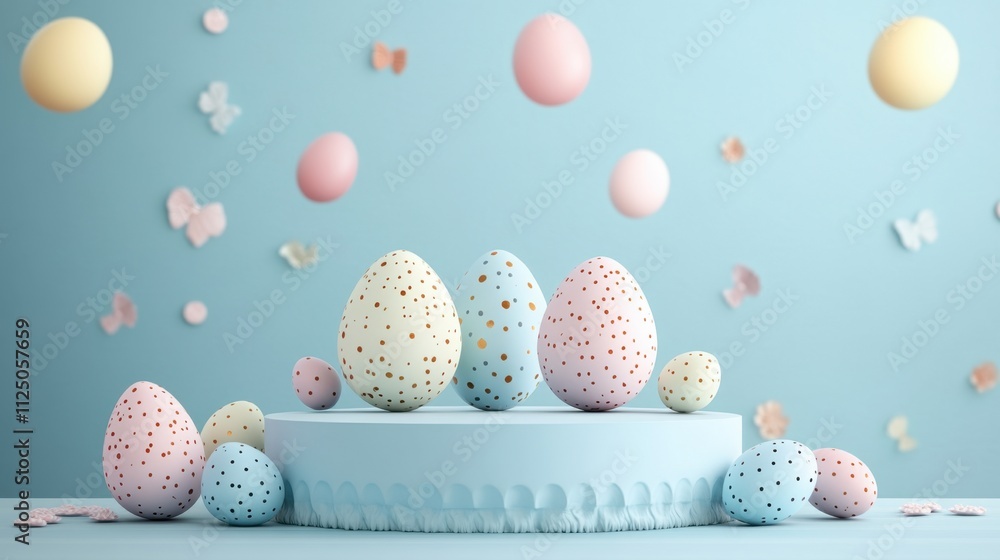 Colorful Easter Eggs on Cake Stand with Pastel Butterflies Background Colorful Easter Eggs on Cake Stand with Pastel Butterflies Background