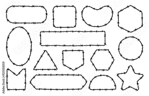 Barbed wire frames. Different barbwire borders shapes. Security, safety, protection property, public or military zones. War danger elements, neoteric vector set