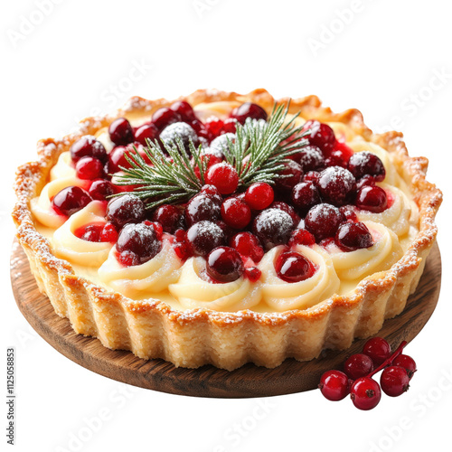 Delicious cranberry tart with cream and festive decorations on a wooden plate.