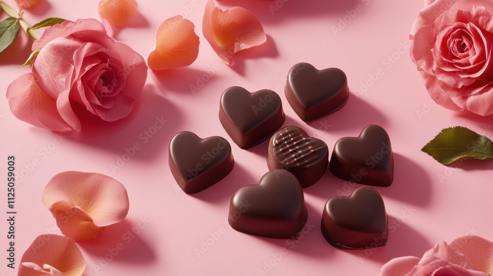 Romantic Chocolate Hearts with Roses on Pink Background Romantic Chocolate Hearts with Roses on Pink Background