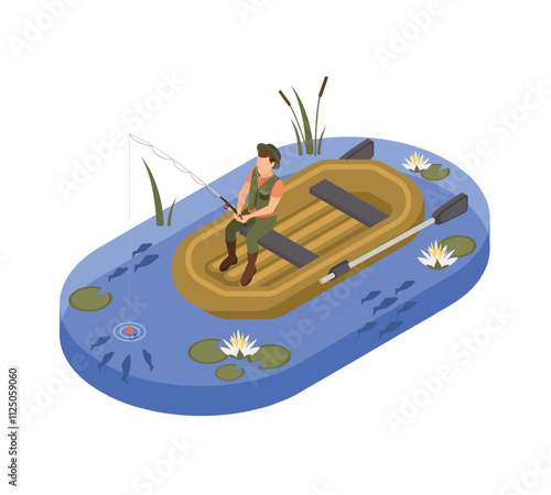 Isometric fisherman fishing. Man sitting in rubber boat with rog. Resting on nature, male fished in lake river or pond with plants. Hobby flawless vector scene
