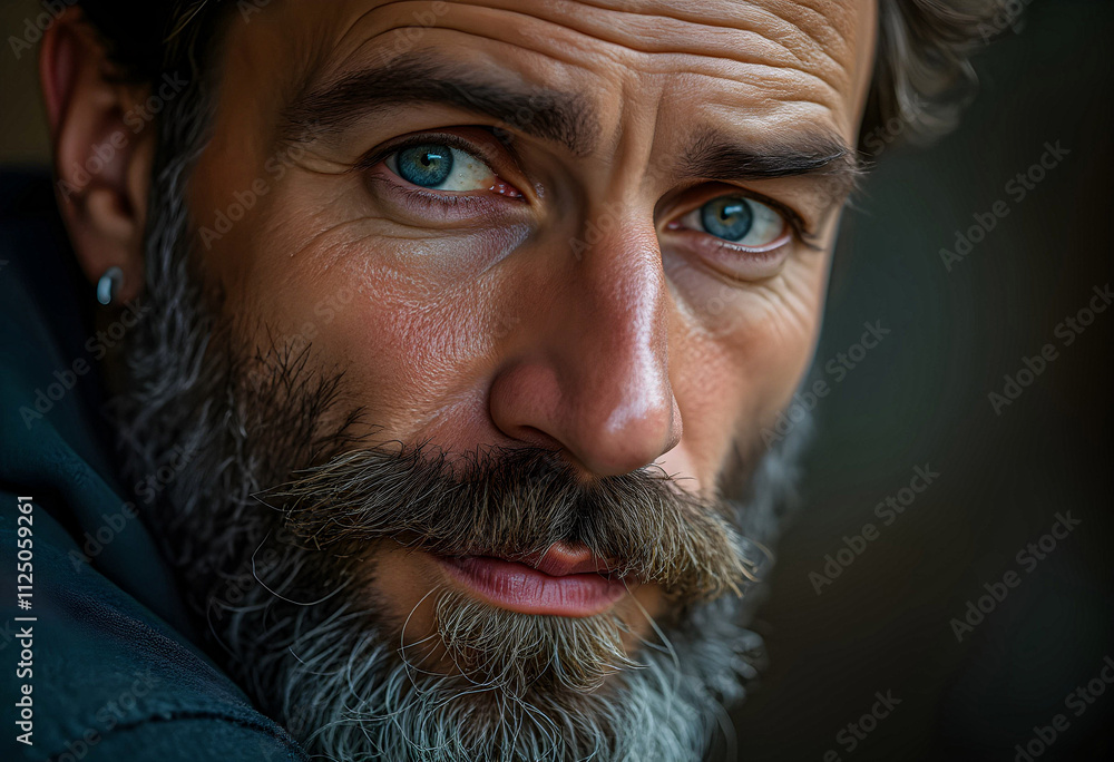 Pensive bearded man gazing with a subtle smile
Pensive bearded man gazing with a subtle smile