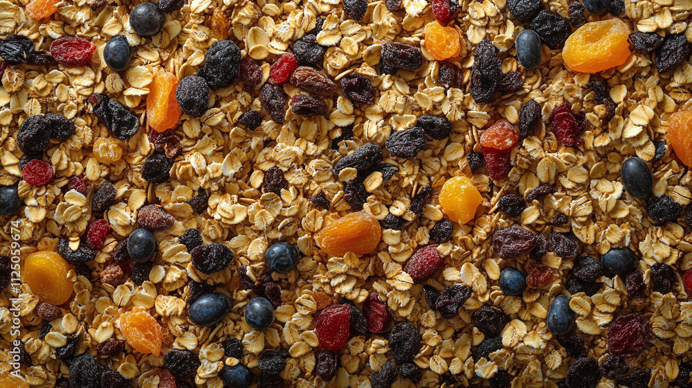 Dry fruit and oat muesli, fiber rich cereal with copy space, breakfast granola for healthy eating, top view of sweet diet meal, delicious flakes. Dry fruit and oat muesli, fiber rich cereal with copy space, breakfast granola for healthy eating, top view of sweet diet meal, delicious flakes.