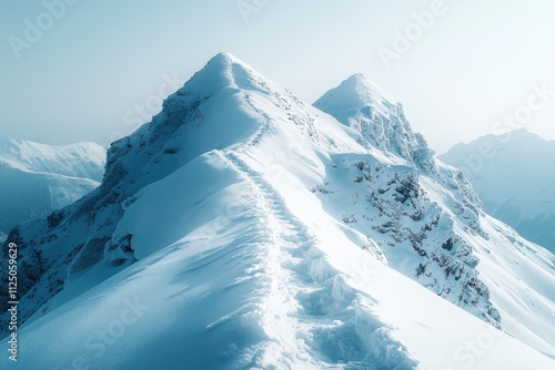 Snow-covered mountain peak with a clear sky and visible hiking trail at sunrise in a remote alpine region. Generative AI photo