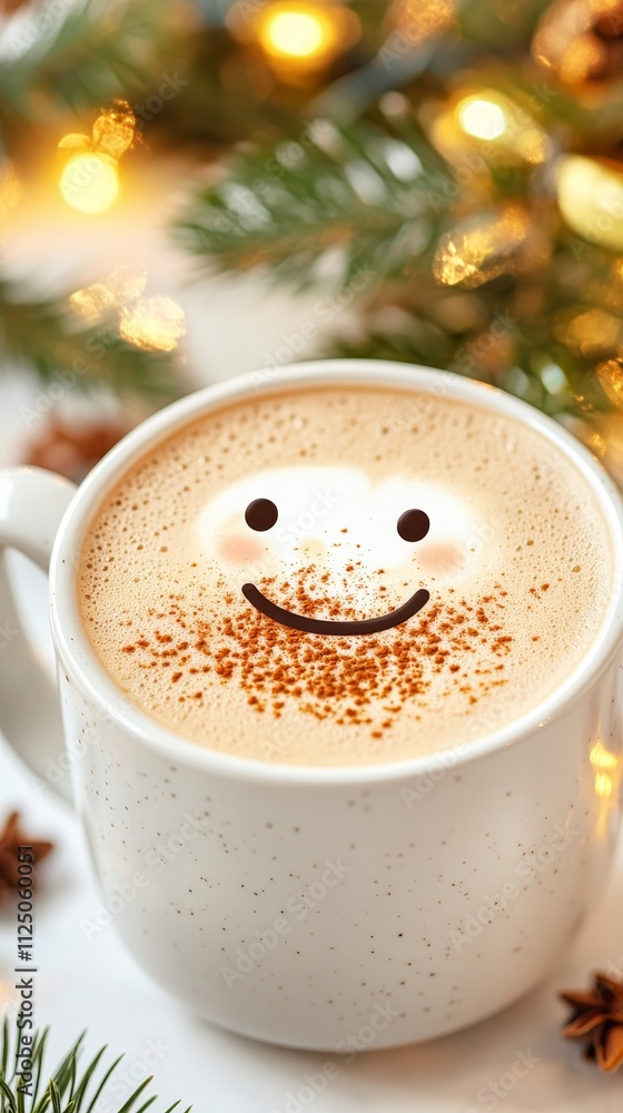A cheerful coffee mug with a smiley face, surrounded by festive lights and pine branches, celebrating the holiday season. A cheerful coffee mug with a smiley face, surrounded by festive lights and pine branches, celebrating the holiday season.