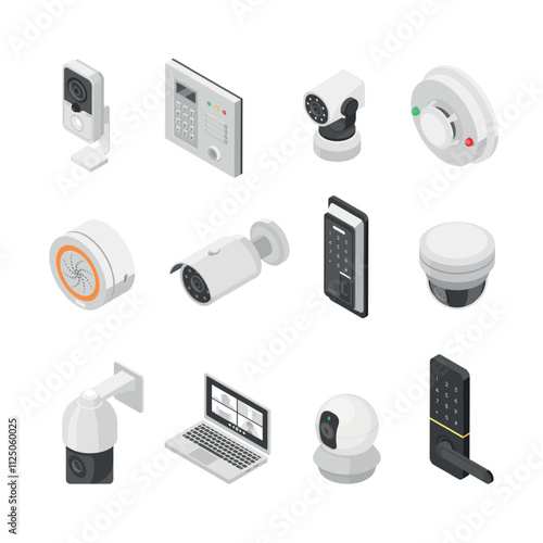 Home security isometric elements. Cctv, camera, signaling and code lockers. Control and protection house apartments or office. Digital technologies flawless vector set