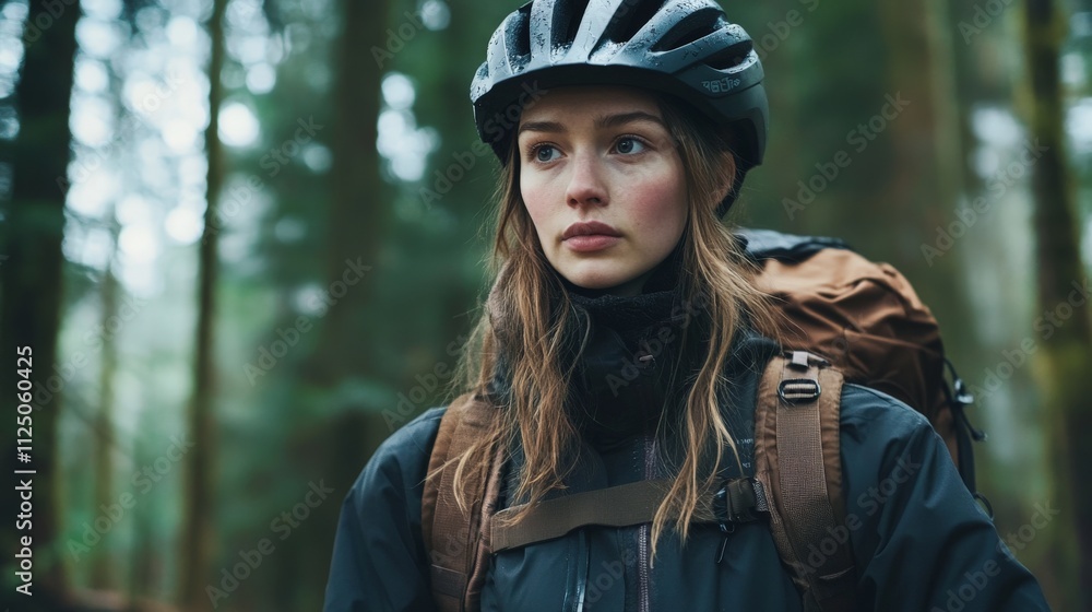 Young caucasian female cyclist with backpack in forested area Young caucasian female cyclist with backpack in forested area