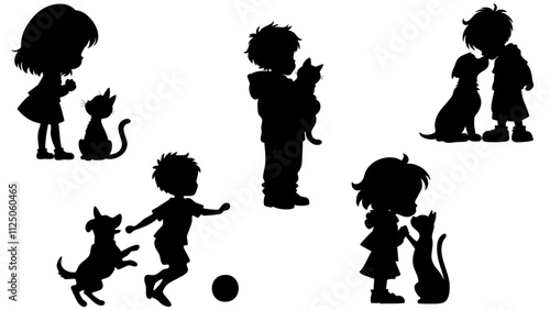 Stylish silhouettes set of children with cat and dog