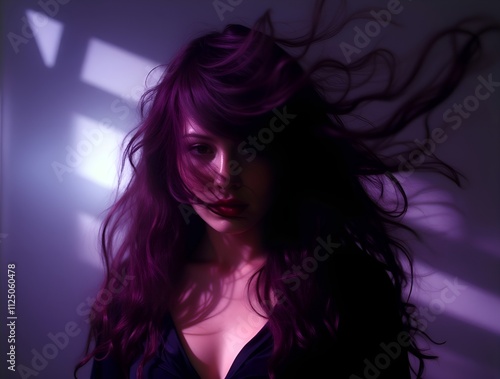 a glowing portrait of a woman with flowing purple curls