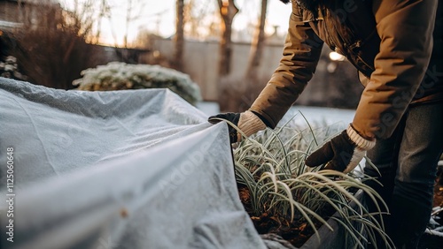 Winter plant protection: covering garden with frost blanket at dusk