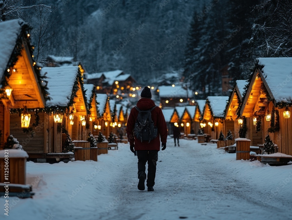Obraz premium Christmas market, snow falling, wooden chalets, twinkling lights, festive atmosphere, shoppers