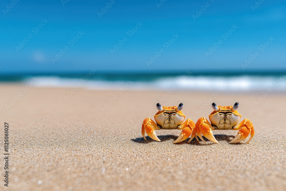 Burrowing Behavior. Two crabs on a sandy beach, with a vibrant blue sky and ocean waves in the background, capturing a tranquil coastal scene. Burrowing Behavior. Two crabs on a sandy beach, with a vibrant blue sky and ocean waves in the background, capturing a tranquil coastal scene.