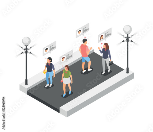 Street face recognition. People walking in city with smart security digital technologies. Personal identification and surveillance cameras, flawless vector scene