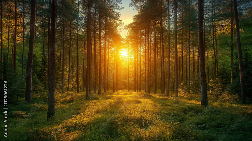 Obraz premium Golden Sunlight in a Pine Forest. Concept of tranquility, nature, and serenity.
