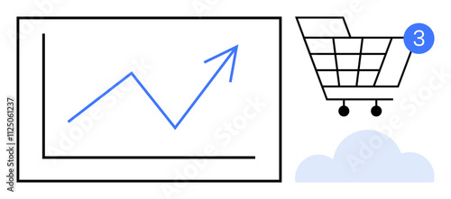Growth chart with upward arrow, shopping cart with three items, and cloud icon. Ideal for e-commerce, sales, business growth, financial analytics, cloud services, online shopping digital marketing