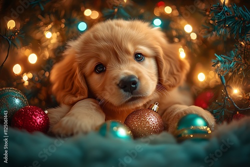 Adorable Golden Retriever puppy nestled among Christmas ornaments and twinkling lights, creating a heartwarming holiday scene.