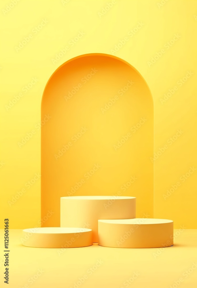 Empty yellow podium crafted in a minimalistic style, set against a bold summer-inspired backdrop, ideal for showcasing products. 3D visualization. Created with generative AI technology Empty yellow podium crafted in a minimalistic style, set against a bold summer-inspired backdrop, ideal for showcasing products. 3D visualization. Created with generative AI technology