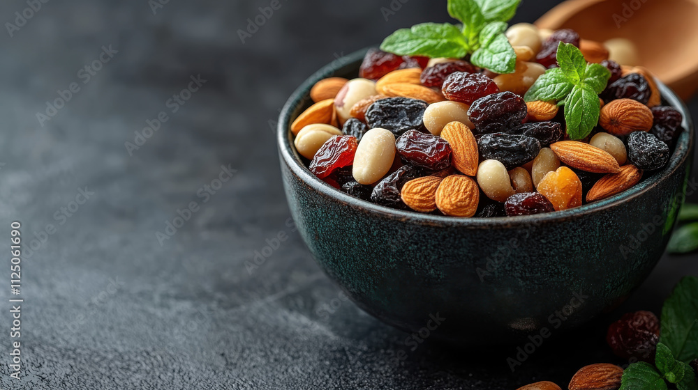 vibrant mix of nuts and dried fruits in dark bowl, garnished with fresh mint leaves, creates healthy and appealing snack option vibrant mix of nuts and dried fruits in dark bowl, garnished with fresh mint leaves, creates healthy and appealing snack option
