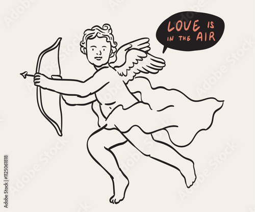 Antique angel baby cupid illustration. Isolated vintage cherub greek statues, retro little angel with bow and arrow in doodle line art tattoo style for poster, placard or wedding invitation design.