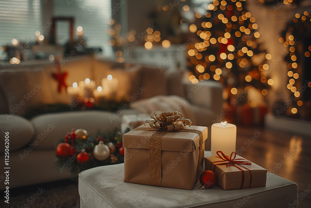 A Christmas tree is lit up in a living room with a box of presents on a stool A Christmas tree is lit up in a living room with a box of presents on a stool