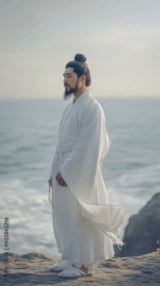 A serene man in traditional white attire stands contemplatively by the sea, embodying peace and reflection. A serene man in traditional white attire stands contemplatively by the sea, embodying peace and reflection.
