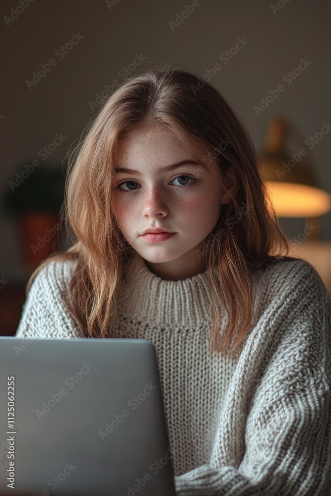 Young woman in cozy sweater focused on a laptop screen, in a warmly lit indoor setting, symbolizing learning. Young woman in cozy sweater focused on a laptop screen, in a warmly lit indoor setting, symbolizing learning.