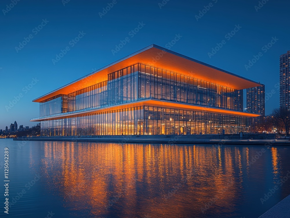 Modern architecture with glowing reflections on calm water during foggy evening scene Modern architecture with glowing reflections on calm water during foggy evening scene