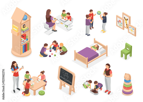 Isometric kindergarten. Children play, studying with teacher, drawing. Kids furniture, bed, bookshelf tables and chair. Preschool kids flawless vector set
