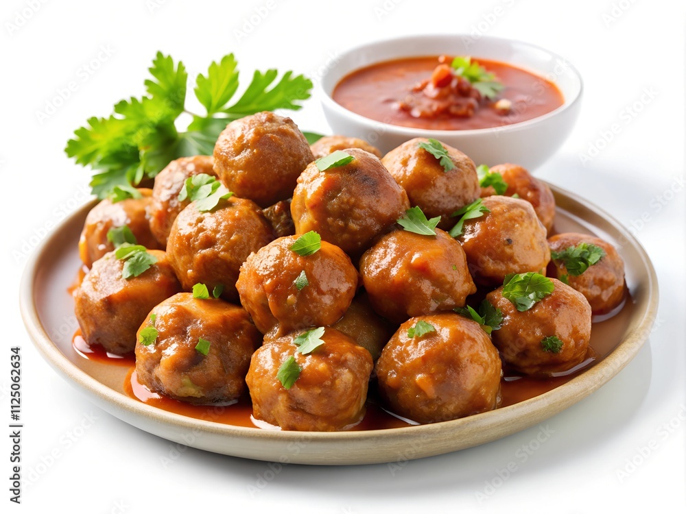 A platter of delightful meatballs is served hot, coated in a rich sauce and garnished with vibrant green herbs. A bowl of spicy sauce accompanies the dish, perfect for dipping A platter of delightful meatballs is served hot, coated in a rich sauce and garnished with vibrant green herbs. A bowl of spicy sauce accompanies the dish, perfect for dipping