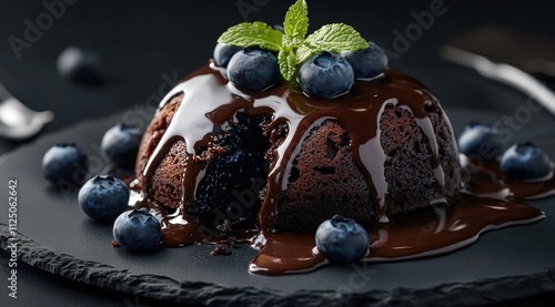 Un gâteau fondant au chocolat avec des myrtilles et des feuilles de menthe, recouvert de chocolat liquide sur une assiette en ardoise. photo