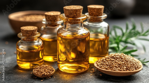 collection of various oils in glass bottles, surrounded by sesame seeds and greenery, showcasing natural beauty and richness of oil extraction