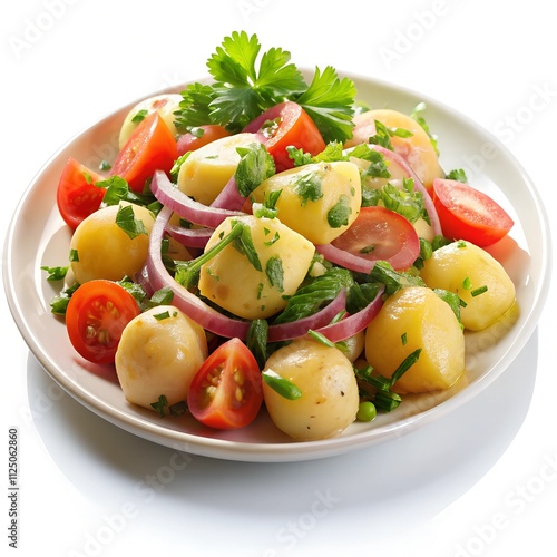 A bright potato salad features tender, seasoned potatoes mixed with ripe tomatoes, crisp onions, and vibrant herbs, creating a delightful dish perfect for summer gatherings