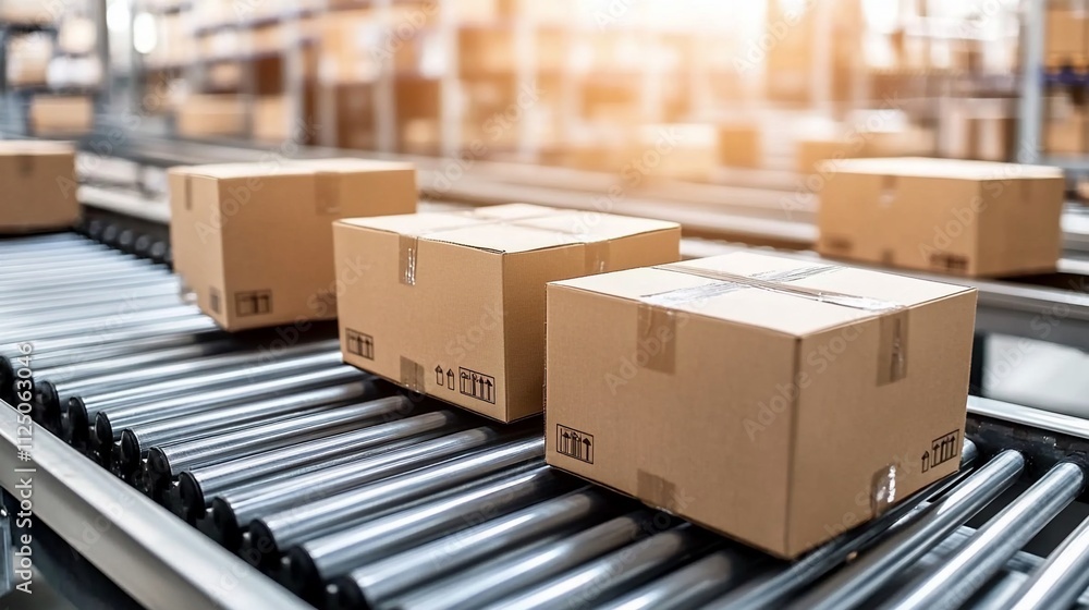 Cardboard boxes on conveyor belt in warehouse. Cardboard boxes on conveyor belt in warehouse.