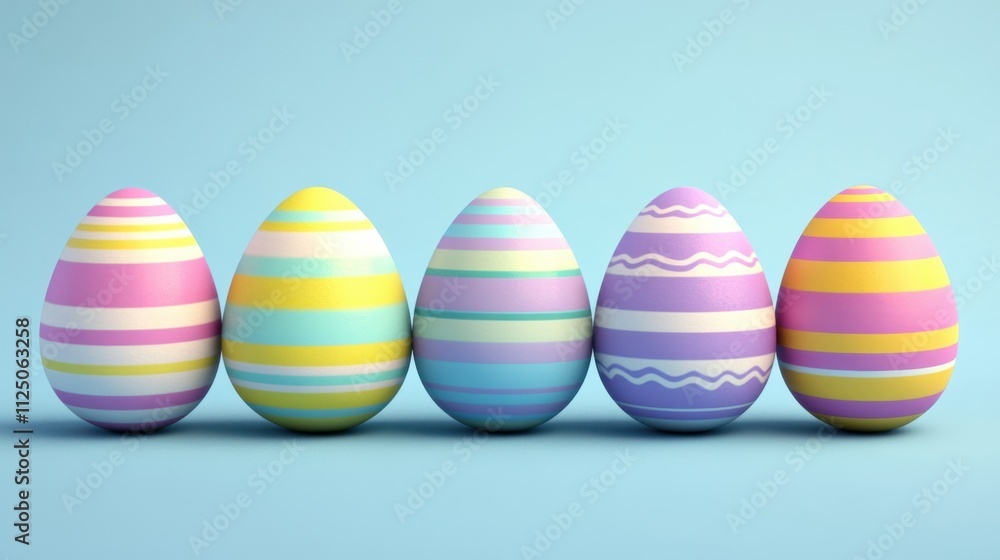 Colorful Easter Eggs in Pastel Shades on a Soft Blue Background Colorful Easter Eggs in Pastel Shades on a Soft Blue Background