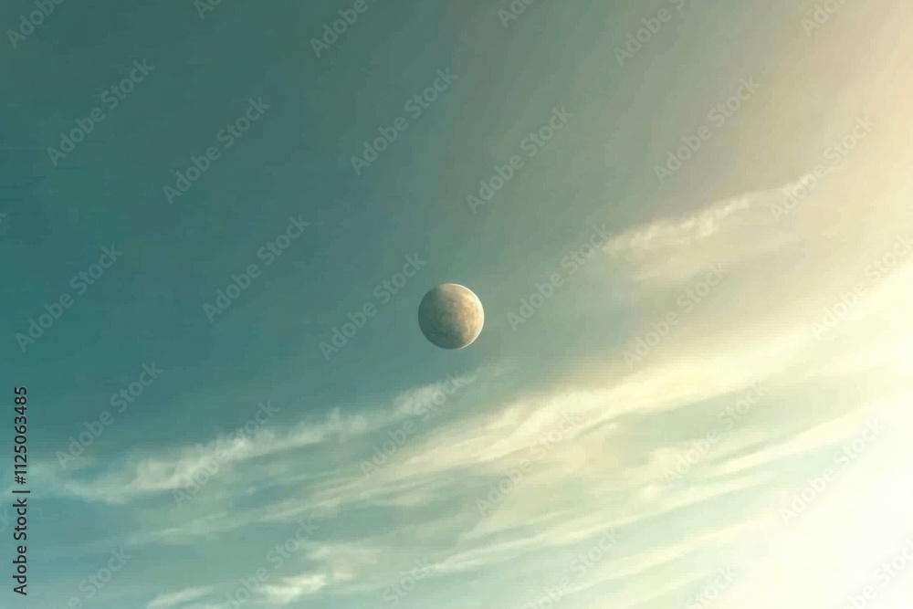 Minimalistic space station orbiting a planet in a tranquil cosmic scene Minimalistic space station orbiting a planet in a tranquil cosmic scene