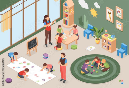 Isometric children in playroom. Playtime in kindergarten, child and teacher indoor activities. Preschool kids drawing and playing together, flawless vector scene