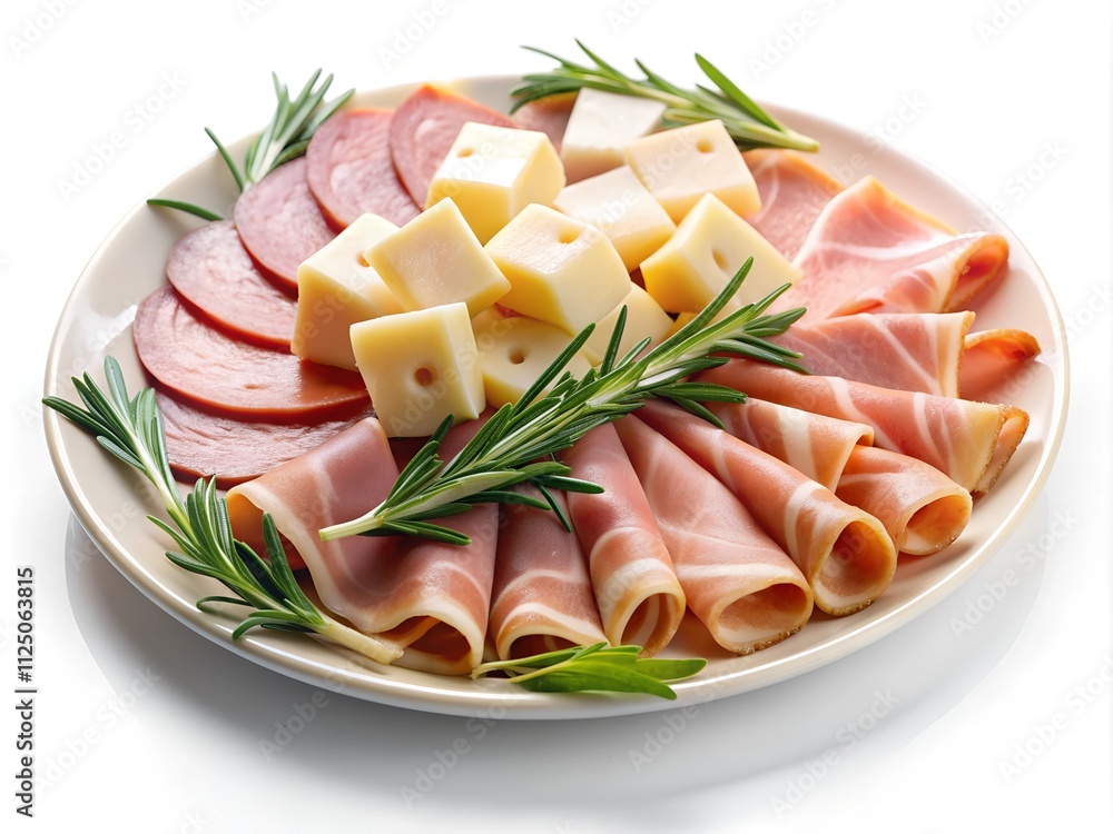 A delightful arrangement showcases thinly sliced cured meats and a variety of cheeses, beautifully garnished with vibrant green rosemary sprigs, perfect for sharing A delightful arrangement showcases thinly sliced cured meats and a variety of cheeses, beautifully garnished with vibrant green rosemary sprigs, perfect for sharing
