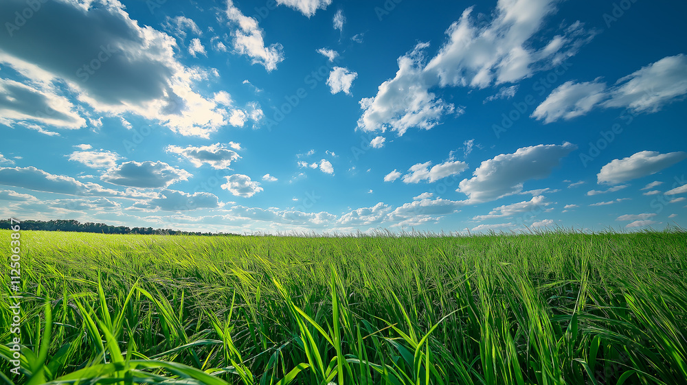 Vast green field under a vibrant blue sky. Concept of nature, peace, and tranquility. Vast green field under a vibrant blue sky. Concept of nature, peace, and tranquility.