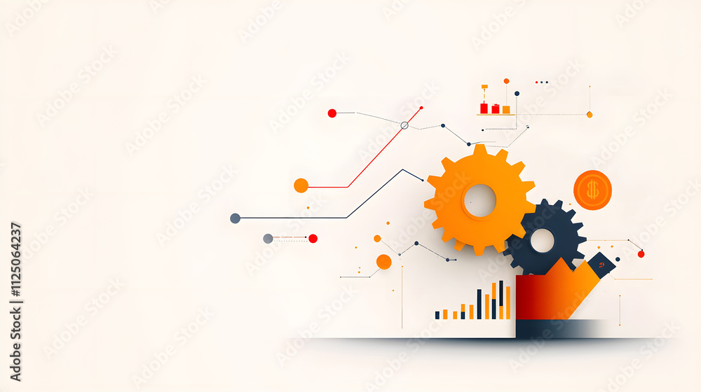 Flat vector finance background showing a gear integrated with financial arrows Flat vector finance background showing a gear integrated with financial arrows