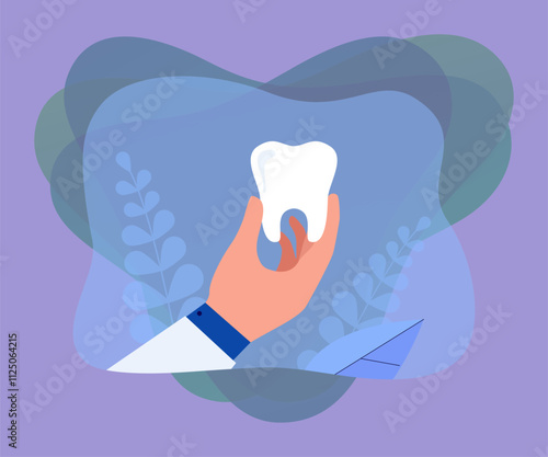Hand of cartoon dentist holding big tooth. Doctor with healthy tooth flat vector illustration. Dentistry, oral hygiene, health concept for banner, website design or landing web page