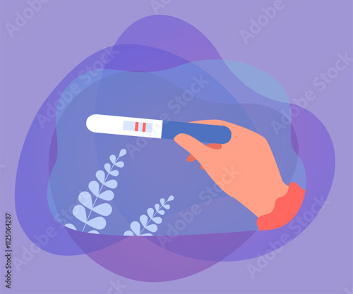 Hand holding pregnancy test with positive result. Hand of future mother with test showing two lines flat vector illustration. Pregnancy, fertility, health concept for banner or landing web page