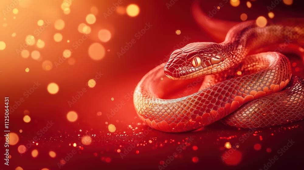 A coiled snake with glowing red scales surrounded by warm golden bokeh, evoking mysticism and power. A coiled snake with glowing red scales surrounded by warm golden bokeh, evoking mysticism and power.