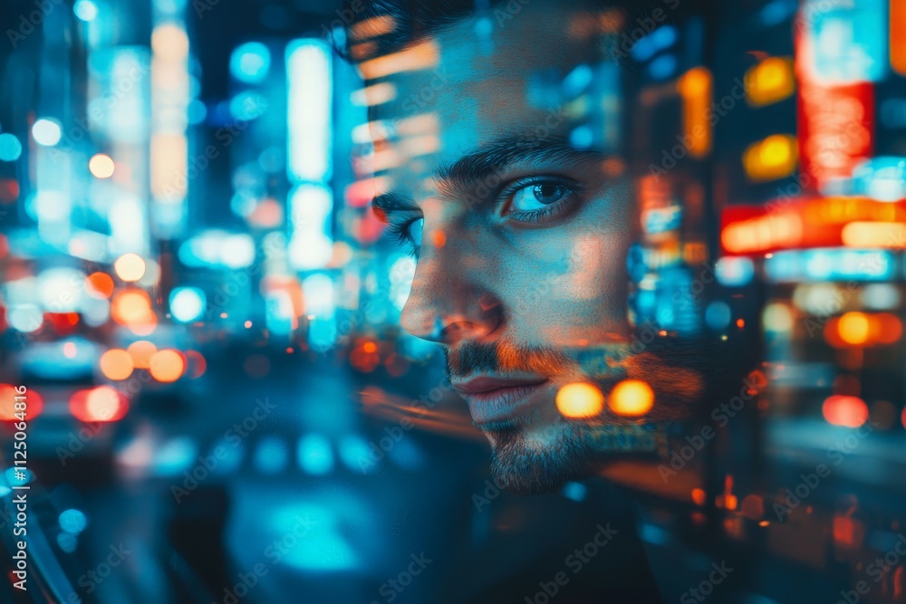Fototapeta premium Young caucasian male reflection in a vibrant urban nightscape with neon lights
