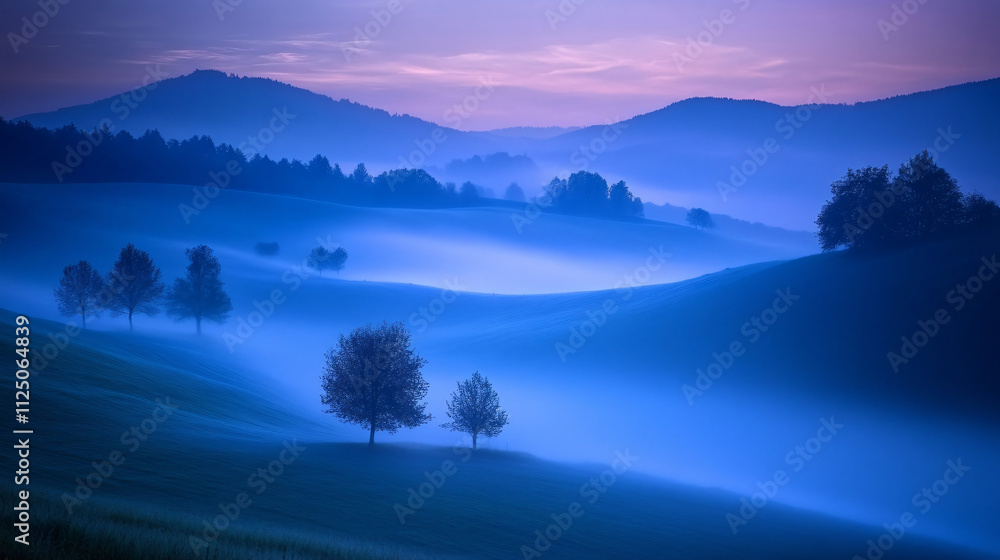 Foggy fields at twilight with a cool blue hue in the sky. Foggy fields at twilight with a cool blue hue in the sky.