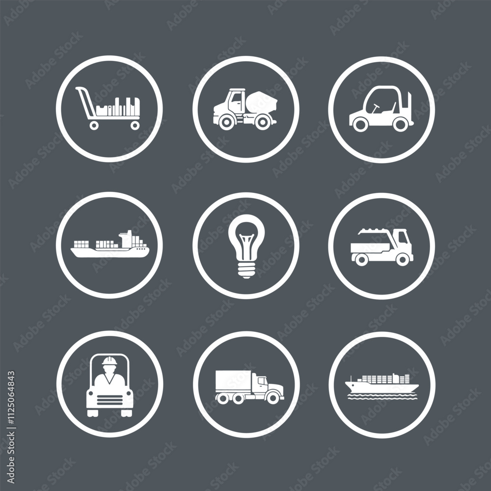 Fototapeta premium Industrial icon set, ship, trolley, car, bulb, shipment