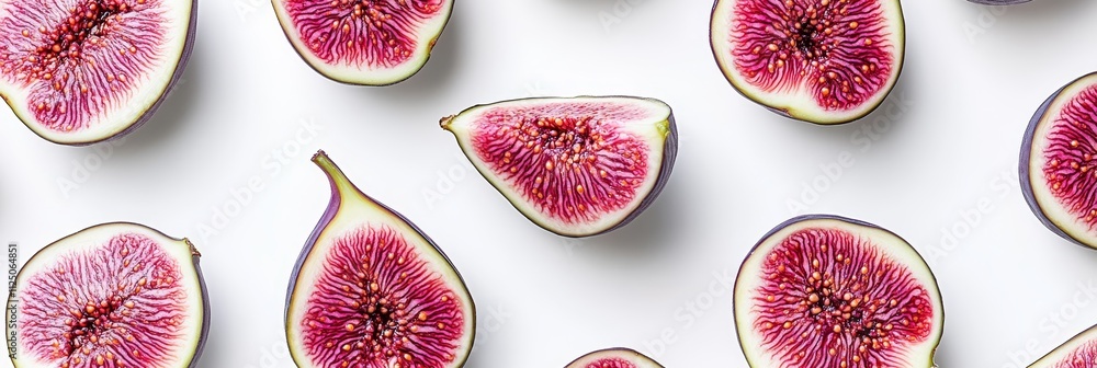 Fresh Fig Slices, Patterned Arrangement On A White Background, Representing A Healthy Food Concept. Fresh Fig Slices, Patterned Arrangement On A White Background, Representing A Healthy Food Concept.