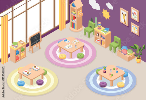 Isometric playroom interior. Kindergarten zone for play and rest time. Room with children furniture, chairs, tables with books cubes and pencils, flawless vector scene