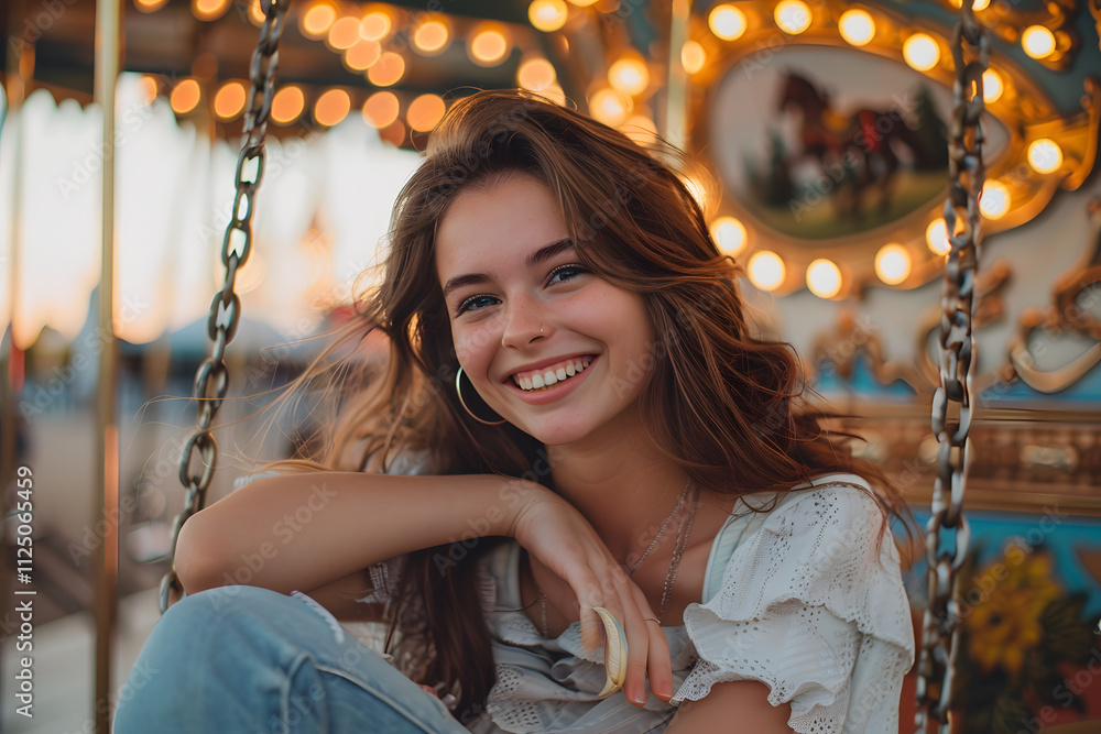 Closeup of a young happy girl sitting in a swinging carousel, portrait of a joyful girl in a amusement park sitting in a chain swing chair