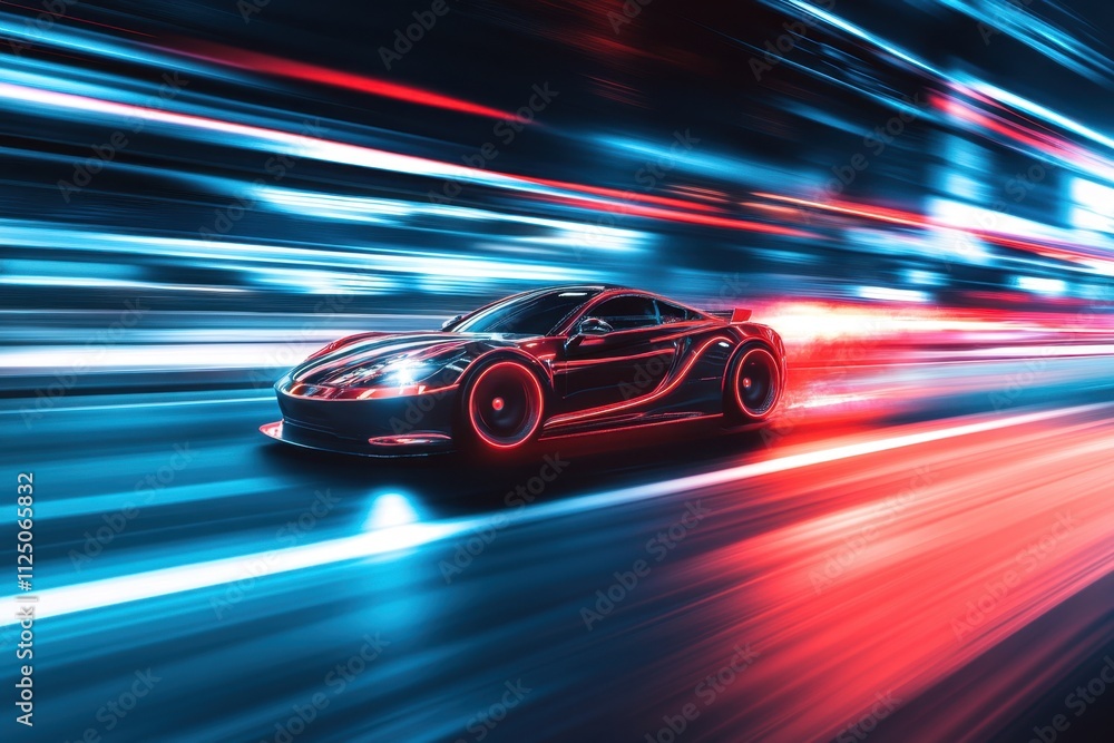 A Fast Racing Car Speeds Along The Street, With Neon Lights Blurred In The Background, Creating An Evening Race Atmosphere. This Captures The Essence Of Motorsport, Racing, And Competition. A Fast Racing Car Speeds Along The Street, With Neon Lights Blurred In The Background, Creating An Evening Race Atmosphere. This Captures The Essence Of Motorsport, Racing, And Competition.